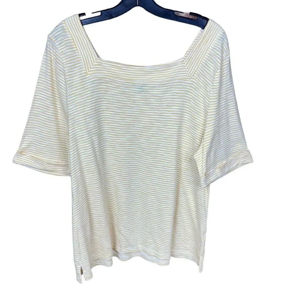 Talbots Top Square Neck Yellow White Stripe Cuffed Short Sleeve Hem Slits XL